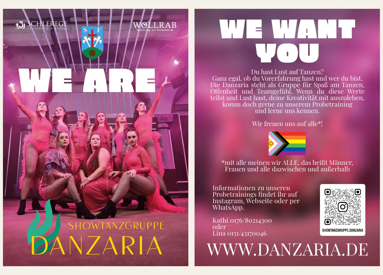 Vorder- und Rückseite des Recruiting-Flyers We are Danzaria und We want you